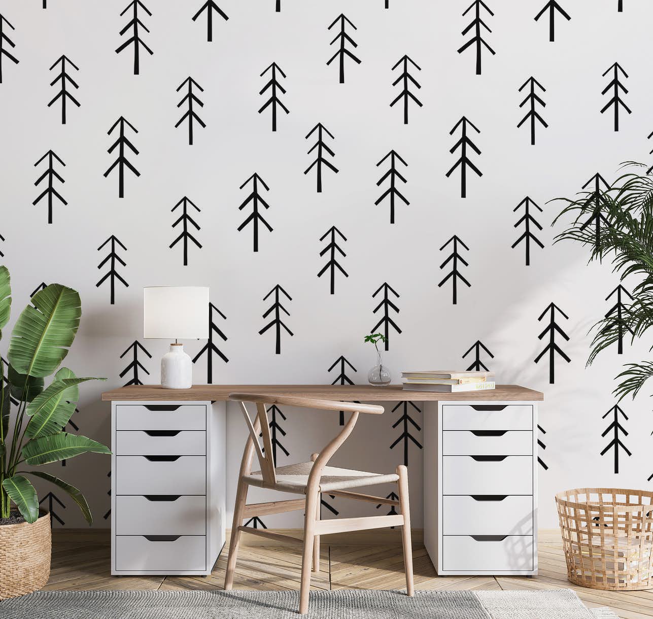 white wallpaper with minimal black conifer pattern in a neutral looking home office