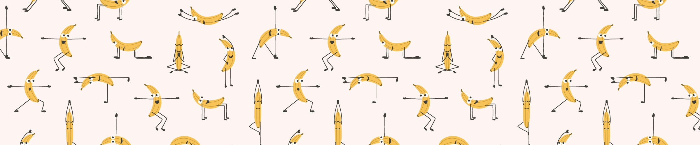 Playful pattern design of a banana character doing different yoga poses