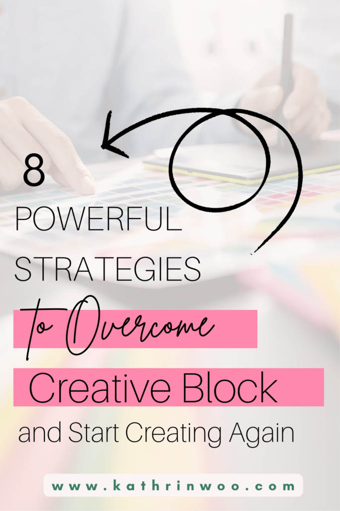 Designer pointing on color swatches and a text overlay saying 8 Powerful Strategies To Overcome Creative Block