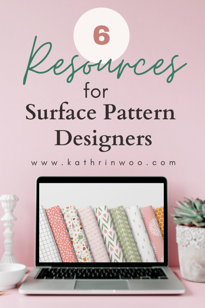 Open laptop with a fabric pattern design collection by Kathrin Woo and text reading 6 resources for Surface Pattern Designers