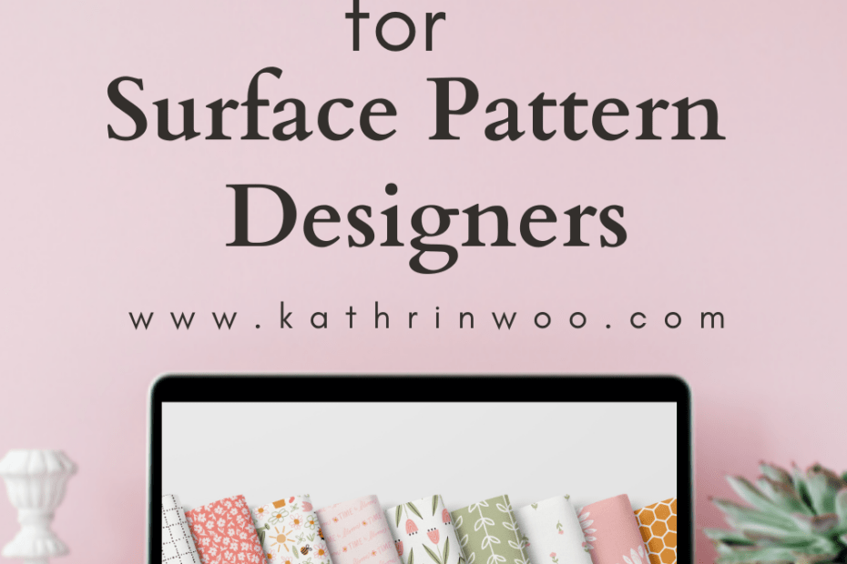 Open laptop with a fabric pattern design collection by Kathrin Woo and text reading 6 resources for Surface Pattern Designers