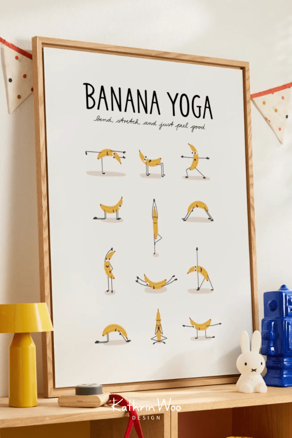Kathrin Woo's Fun and Playful Design Banana Yoga - Bend, Stretch, and Just Peel Good! on an Art Print available at Juniqe