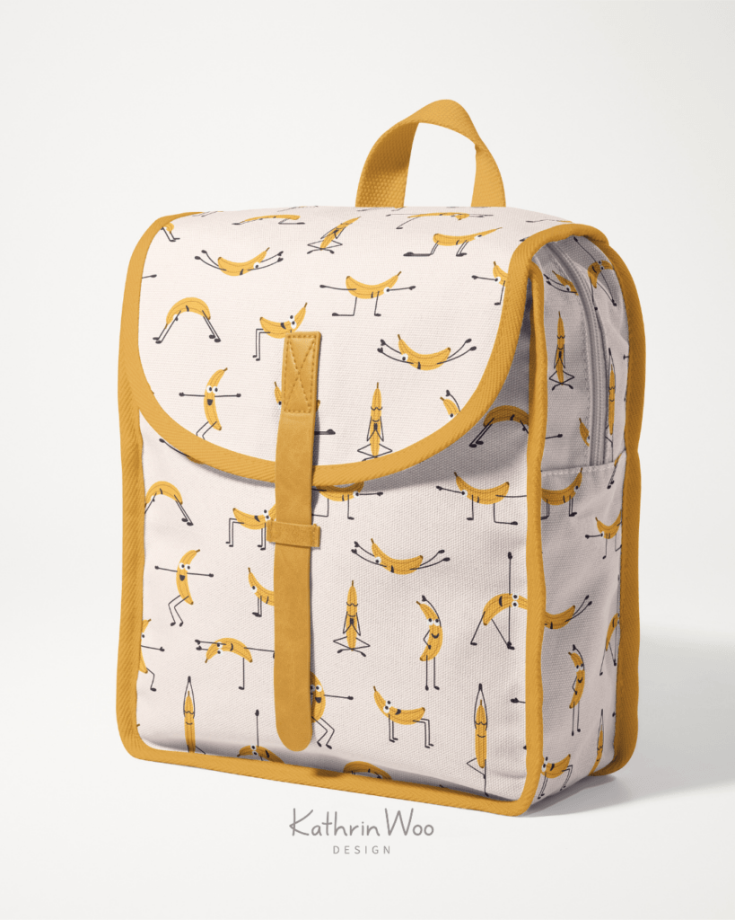Cute Surface Pattern Design Banana Yoga by Kathrin Woo Design on a Kids Backpack, available for Art Licensing
