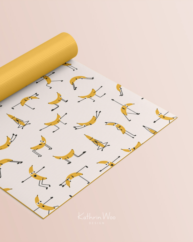 Cute Surface Pattern Design Banana Yoga by Kathrin Woo Design on a Yoga Mat, available for Art Licensing