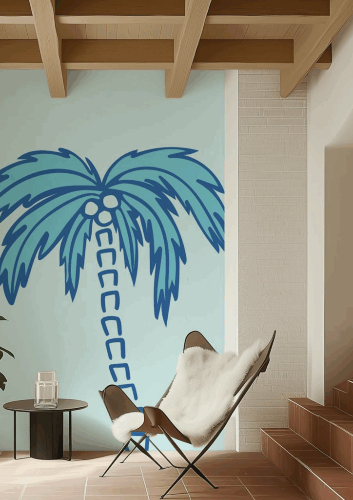 Abstract tropical palm tree design by Kathrin Woo on a HappyWall mural in a chic neutral home interior