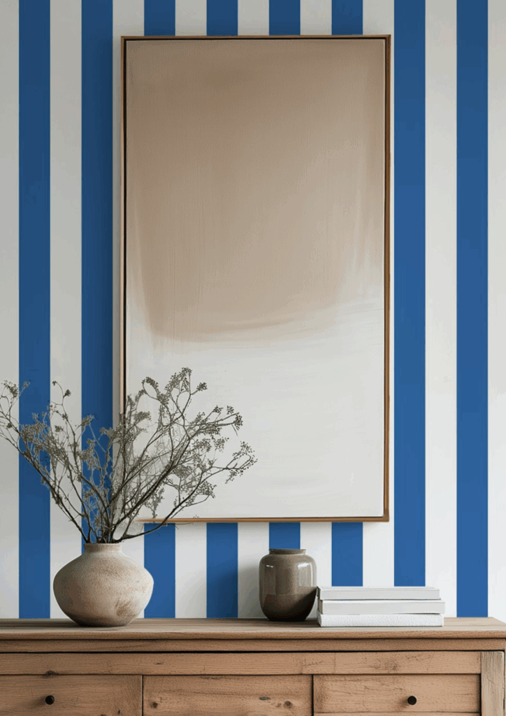 Bold vertical stripes design by Kathrin Woo on a HappyWall wallpaper in a chic neutral home interior