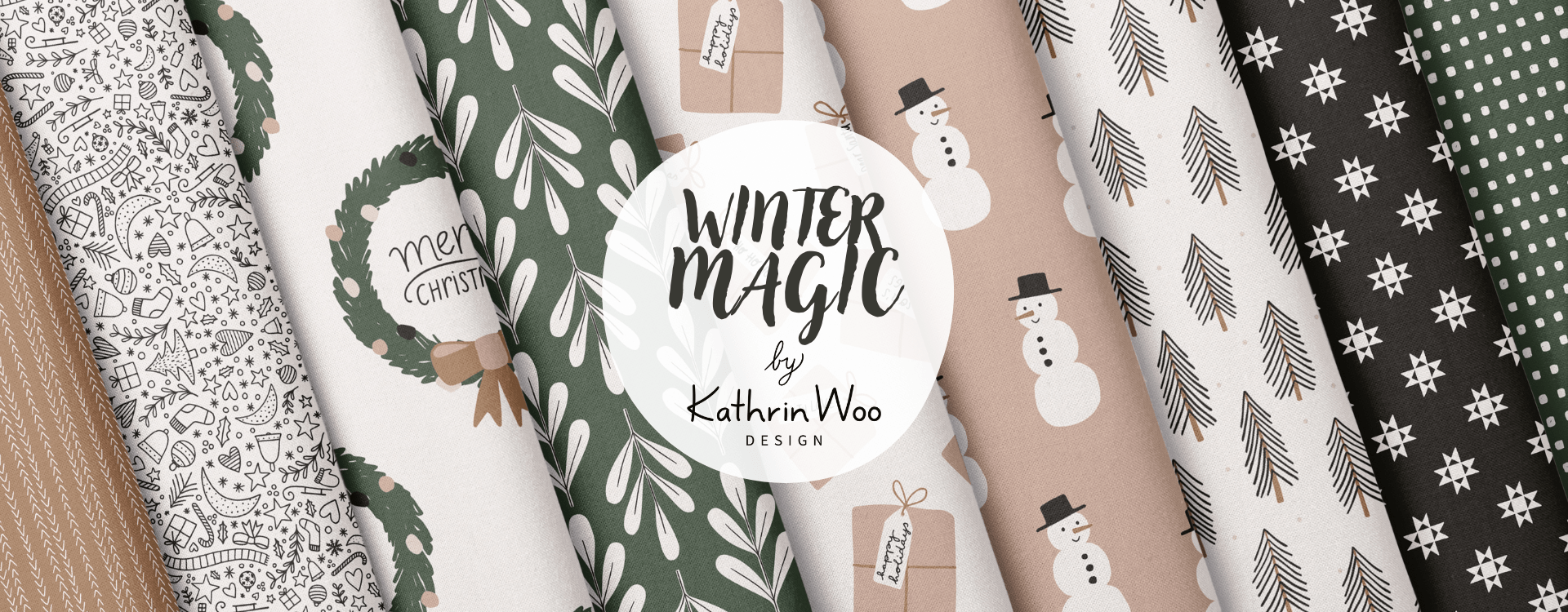 Cute and playful Surface Pattern Design Collection Winter Magic by Kathrin Woo Design displayed on fabric rolls