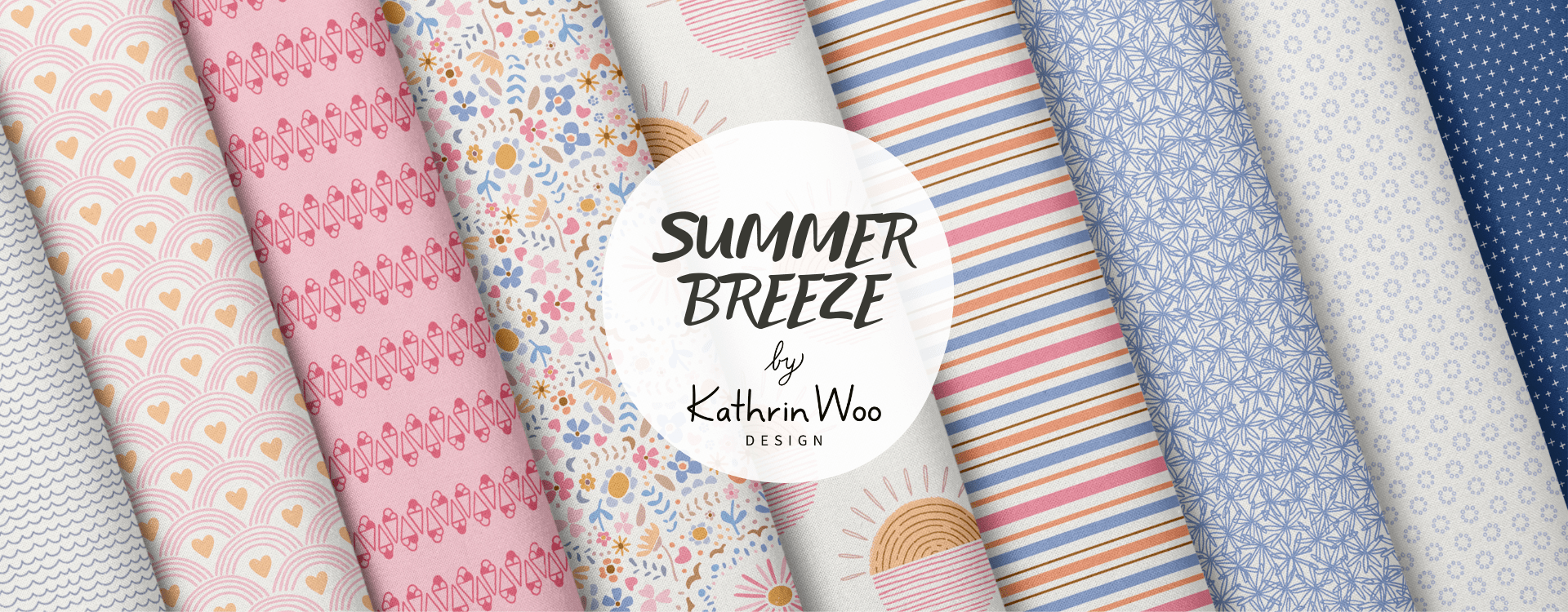 Playful and fun Surface Pattern Design Collection Summer Breeze by Kathrin Woo Design displayed on fabric rolls