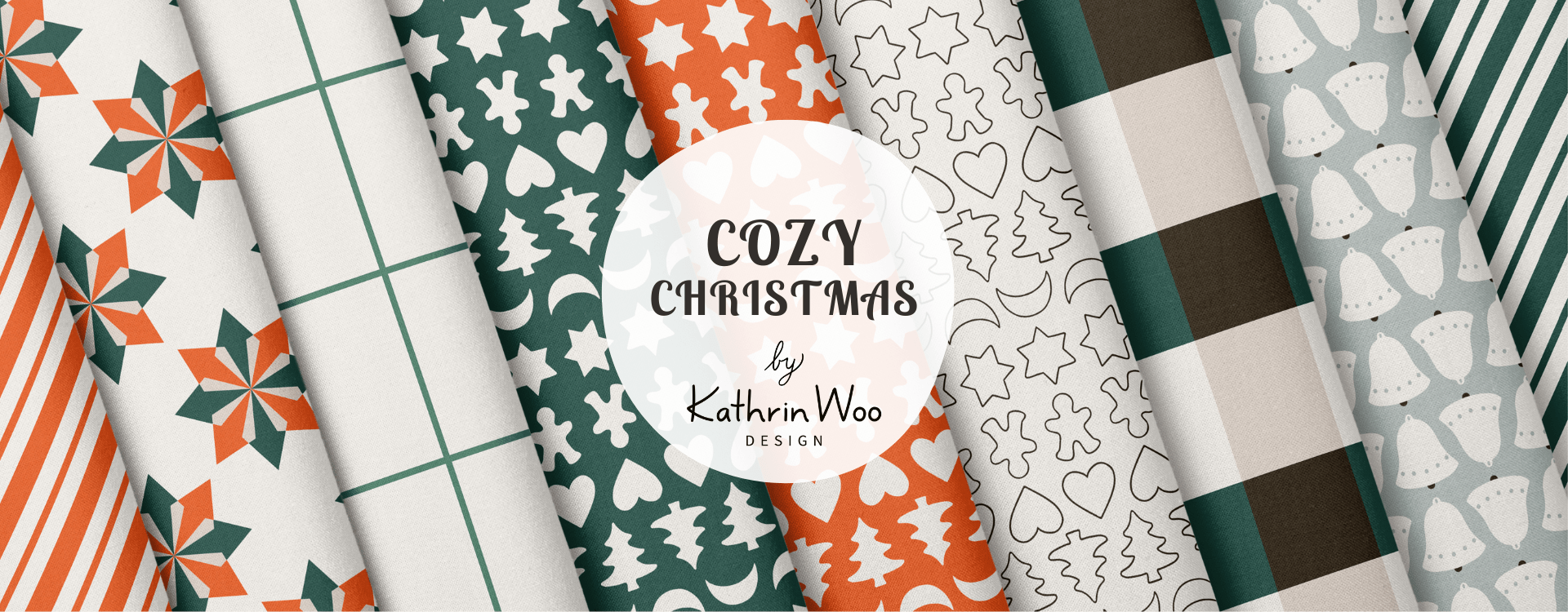 Graphic and modern Surface Pattern Design Collection Cozy Christmas by Kathrin Woo Design displayed on fabric rolls