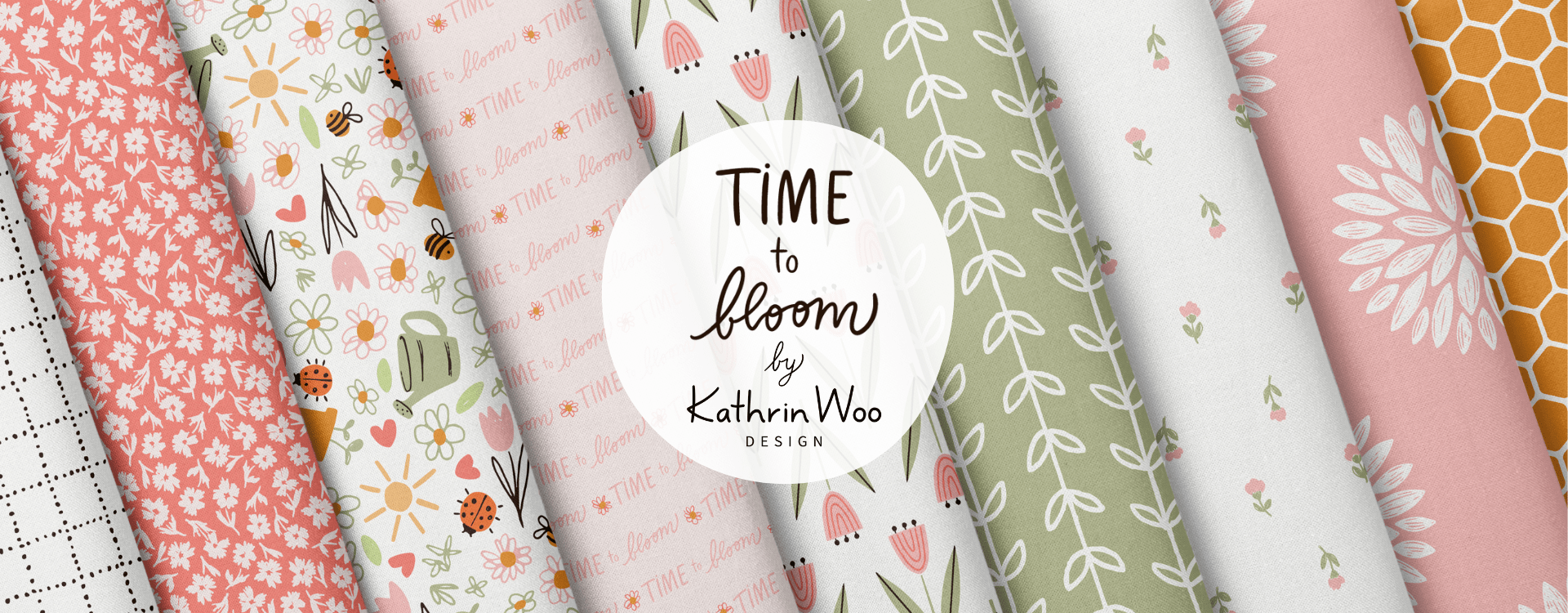 Playful and delicate Surface Pattern Design Collection Time to Bloom by Kathrin Woo Design displayed on fabric rolls