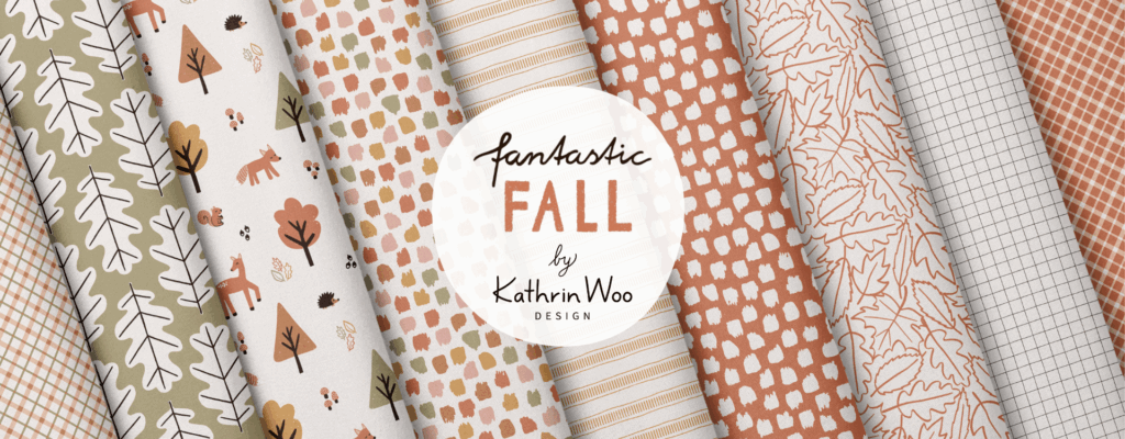 Playful and delicate Surface Pattern Design Collection Fantastic Fall by Kathrin Woo Design displayed on fabric rolls