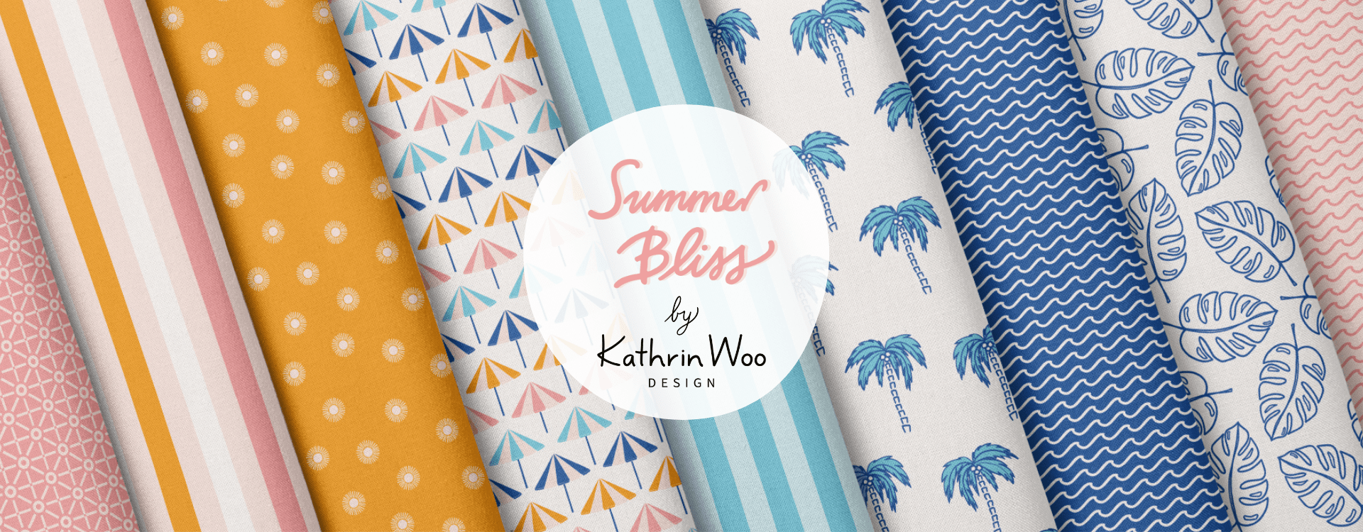 Abstract and fun Surface Pattern Design Collection Summer Bliss by Kathrin Woo Design displayed on fabric rolls