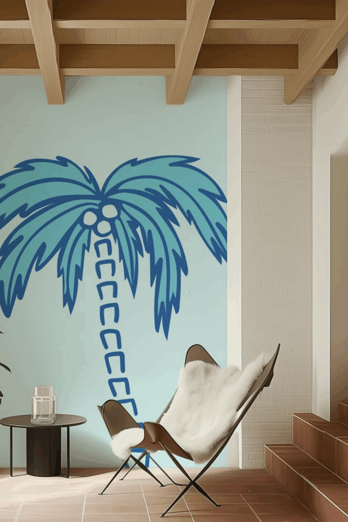 Abstract tropical palm tree design by Kathrin Woo on a HappyWall mural in a chic neutral home interior