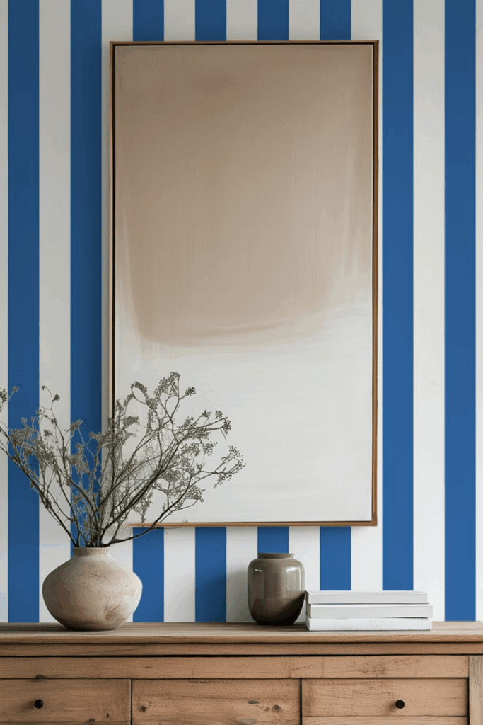 Bold vertical stripes design by Kathrin Woo on a HappyWall wallpaper in a chic neutral home interior