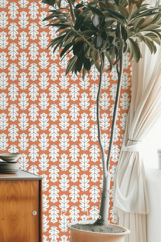 Modern botanical Oak Leaf surface pattern design by Kathrin Woo on a HappyWall wallpaper in a chic neutral living room with a big plant