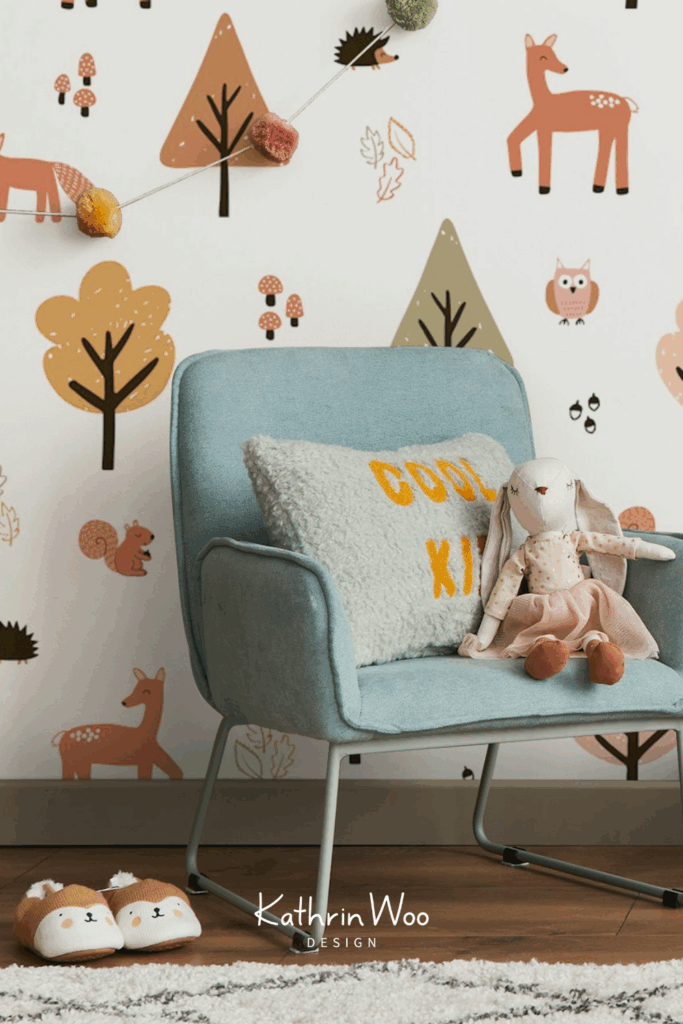 Cute Forest animal surface pattern design by Kathrin Woo on a HappyWall wallpaper in a chic modern kids room