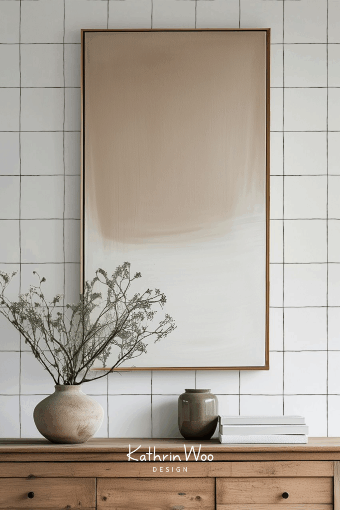 Modern minimal grid surface pattern design by Kathrin Woo on a HappyWall wallpaper in a chic neutral living room interior