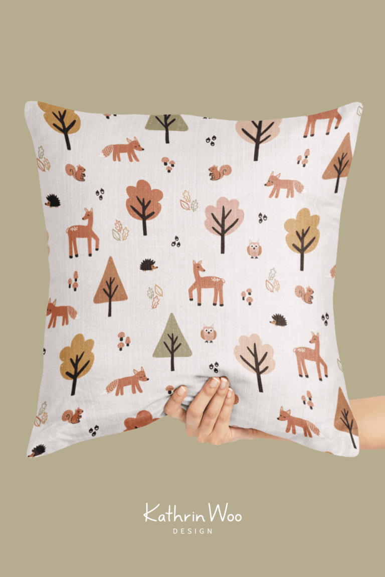Sweet Forest Animal Surface Pattern Design by Kathrin Woo Design on a pillow