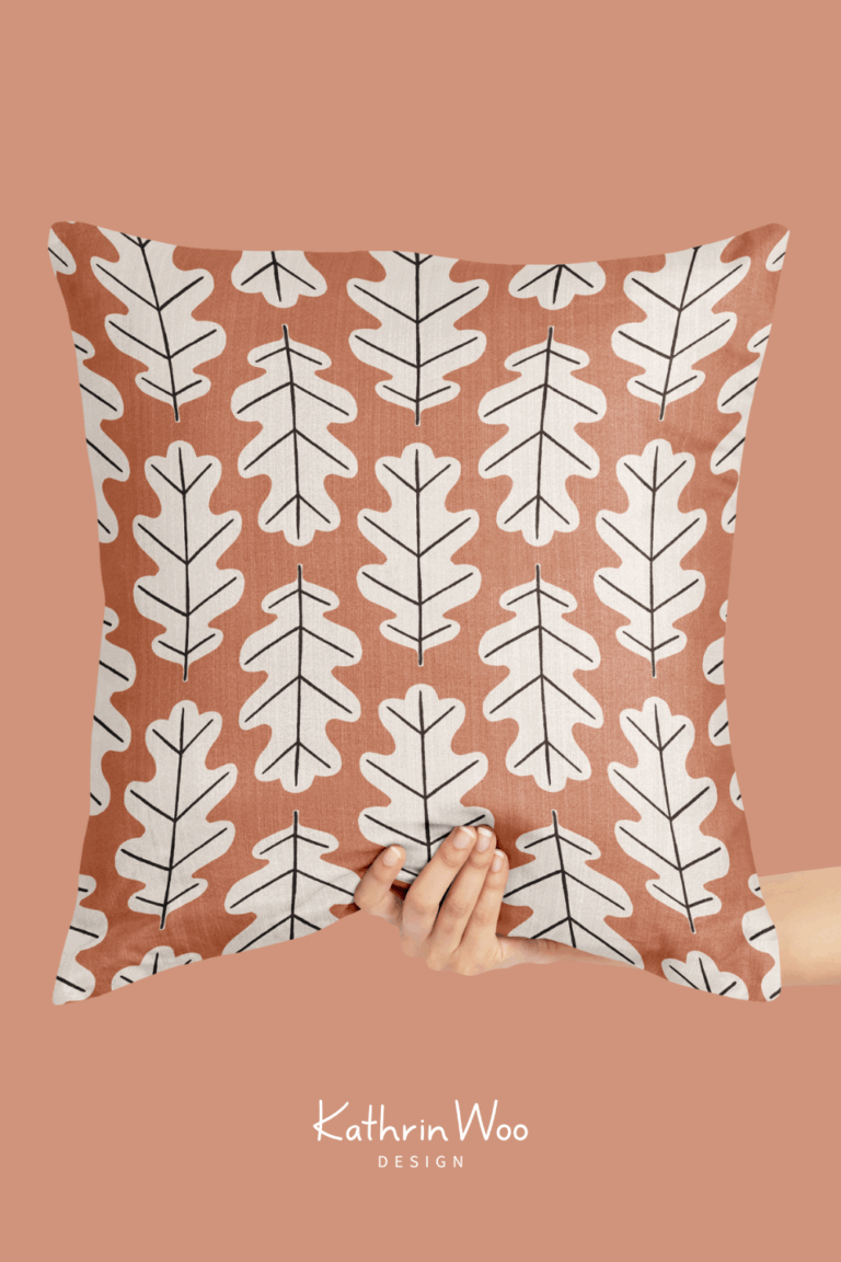 Modern Fall Oak Leaf surface pattern design by Kathrin Woo Design on a pillow
