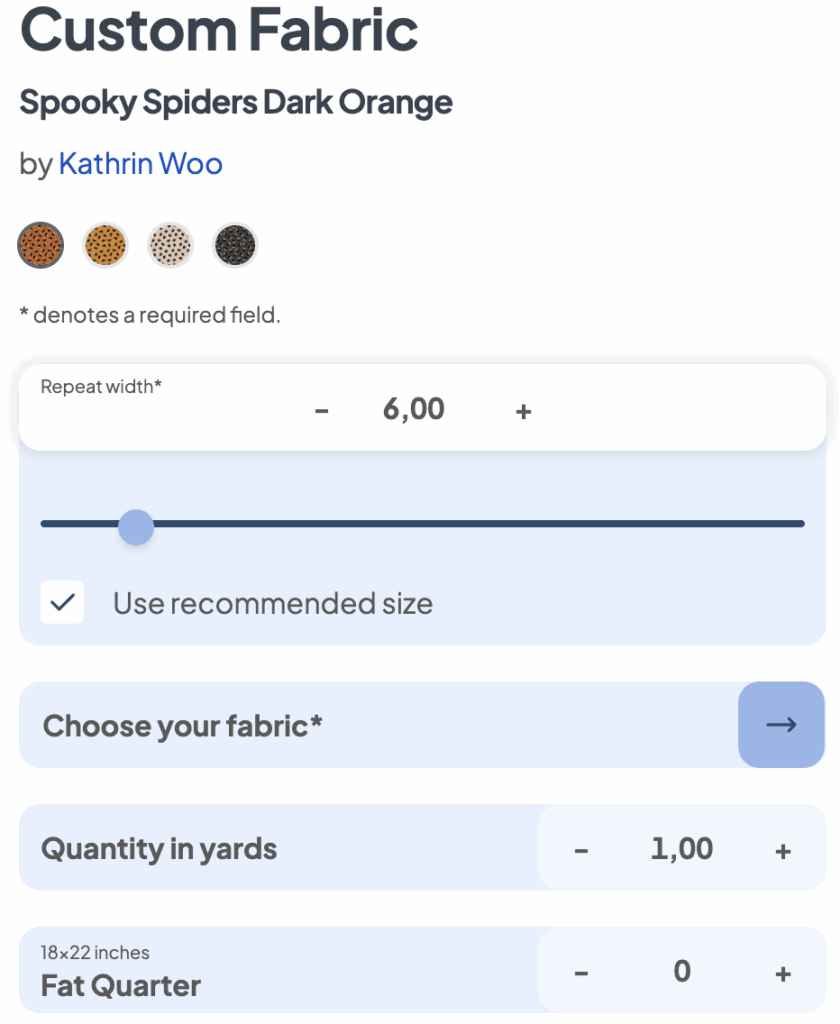 Screenshot of Carriage House Printery Fabric Shop with Fabric Scaling Option