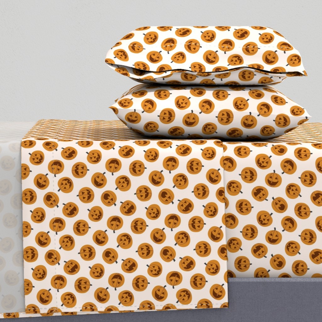 Fun dotty Halloween surface pattern design Polkadot Pumpkins from Kathrin Woo's Halloween Collection Spooky Season displayed on a bedding sheet set from Spoonflower
