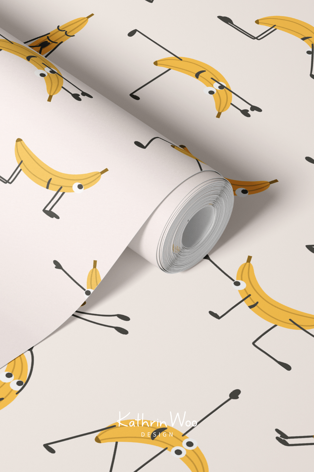 Surface Pattern Design Banana Yoga by Kathrin Woo on a wallpaper roll