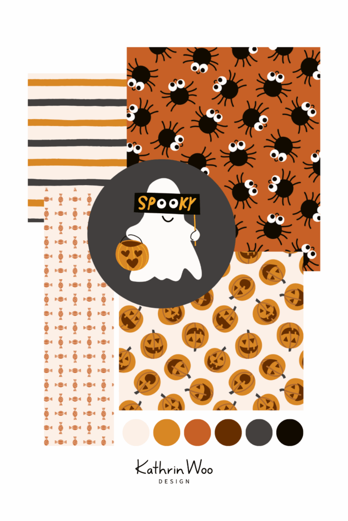 Collage of Halloween themed Surface pattern Design collection Spooky Season by Kathrin Woo Design