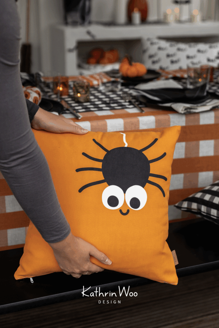 Halloween Illustration Spooky Spider by Kathrin Woo showcased on a pillow case