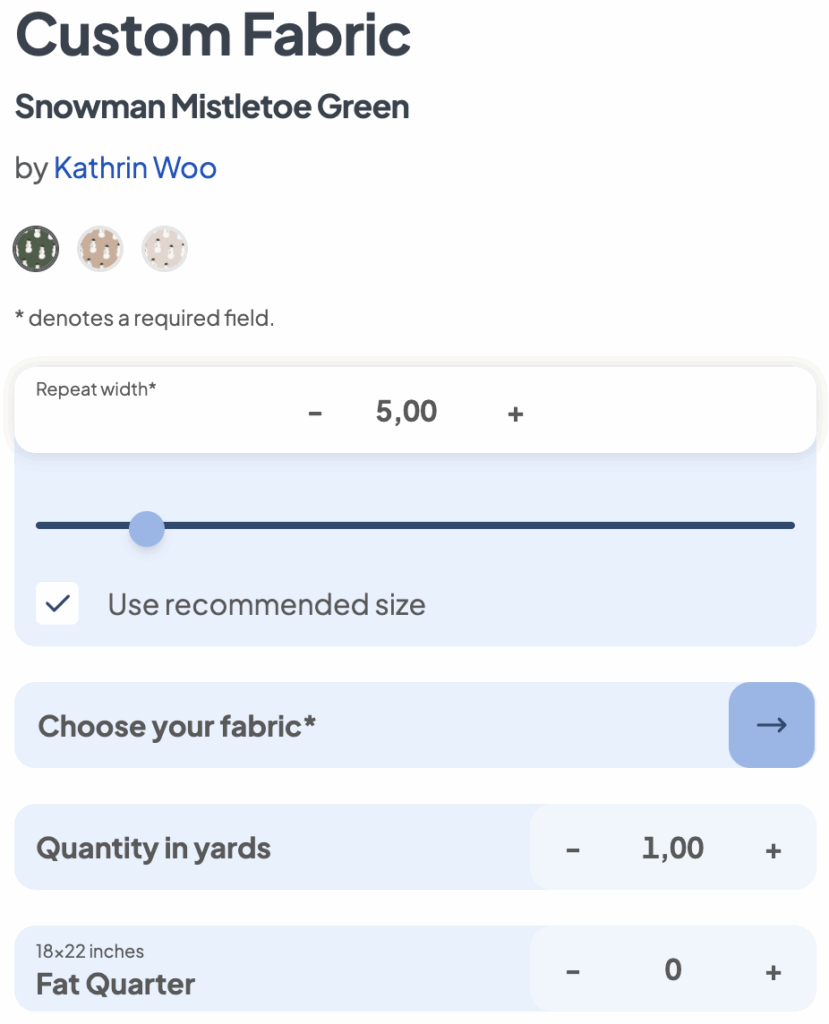Screenshot of Carriage House Printery Fabric Shop with Fabric Scaling Option