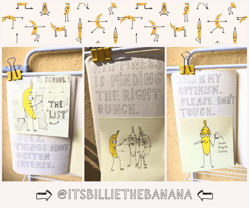 Kathrin Woo's Surface Pattern Design Banana Yoga and a few more inspiring banana character sketches from her sketch book showing her day in the life of a banana project @itsbilliethebanana