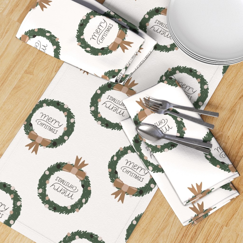 Sweet wintery motif surface pattern design Merry Christmas Wreath from Kathrin Woo's Christmas Collection Winter Magic on a tablerunner