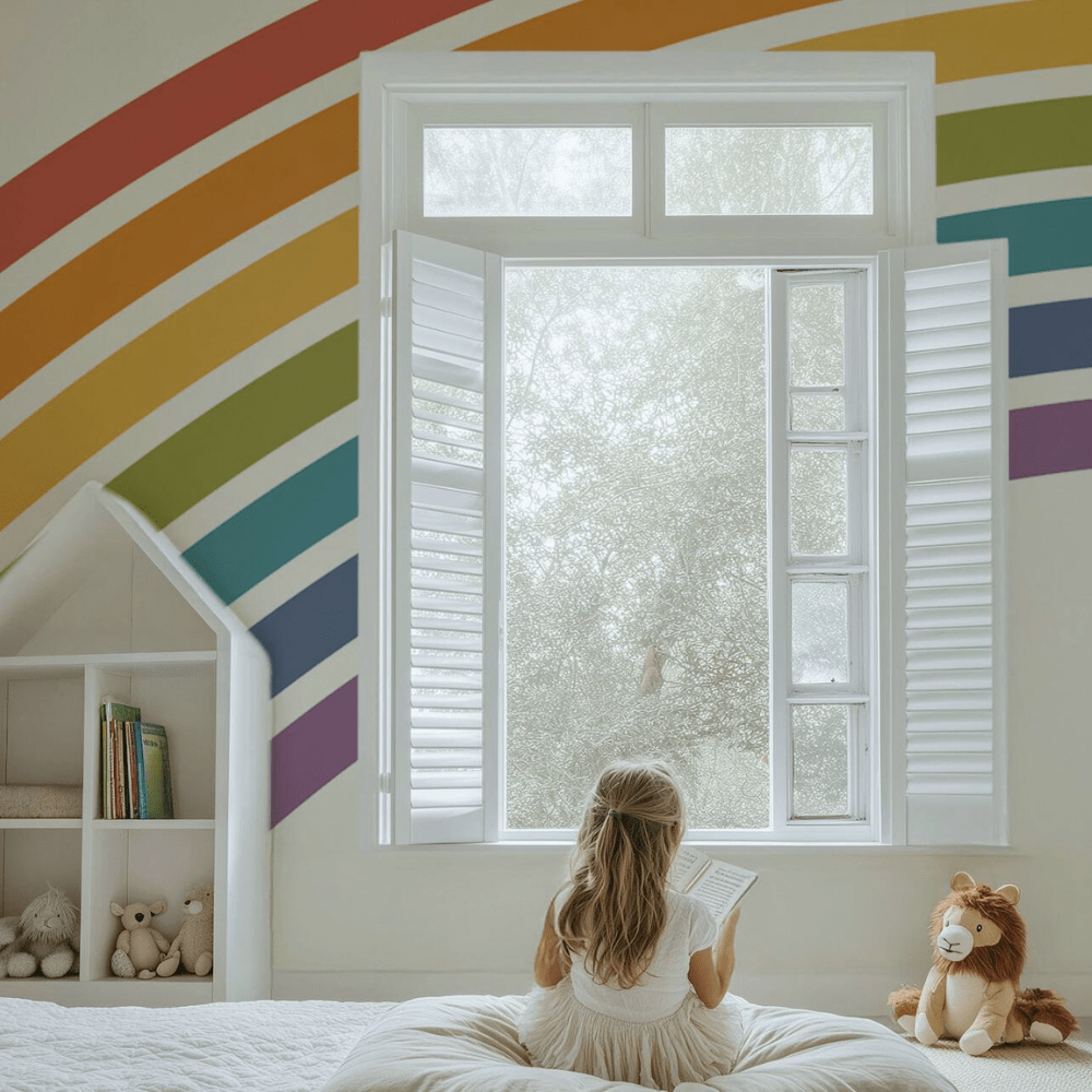 Panel Design Rainbow by Kathrin Woo on HappyWall, shown in a Kids Room Wall Mural Presentation.