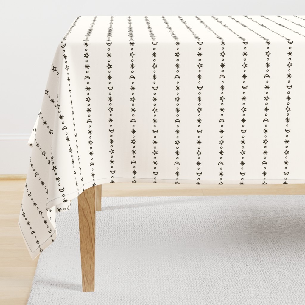 Playful airy striped stars and moon wintery surface pattern design Silent Night from Kathrin Woo's Christmas Winter Collection Wonderful Time on tablecloth.