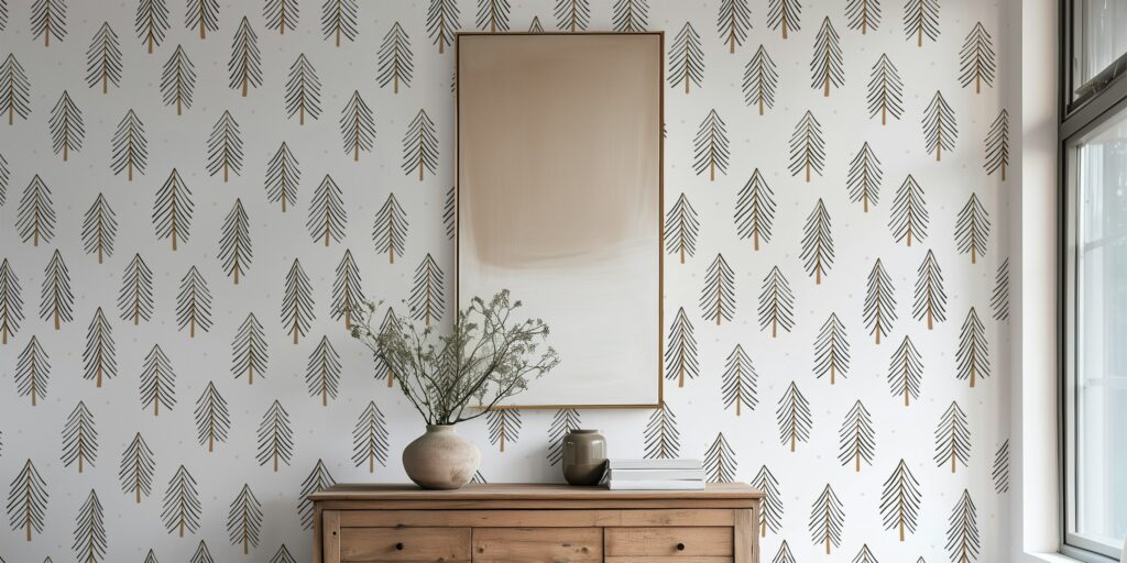 Elegant minimalist forest pattern Magic Forest by Kathrin Woo Design on living room wallpaper at Happywall