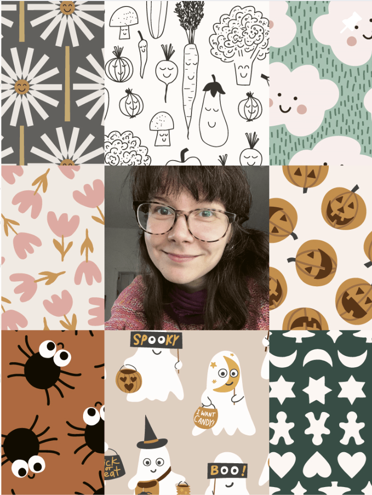 Image collage of Kathrin Woo, Surface pattern designer, and her art on Instagram