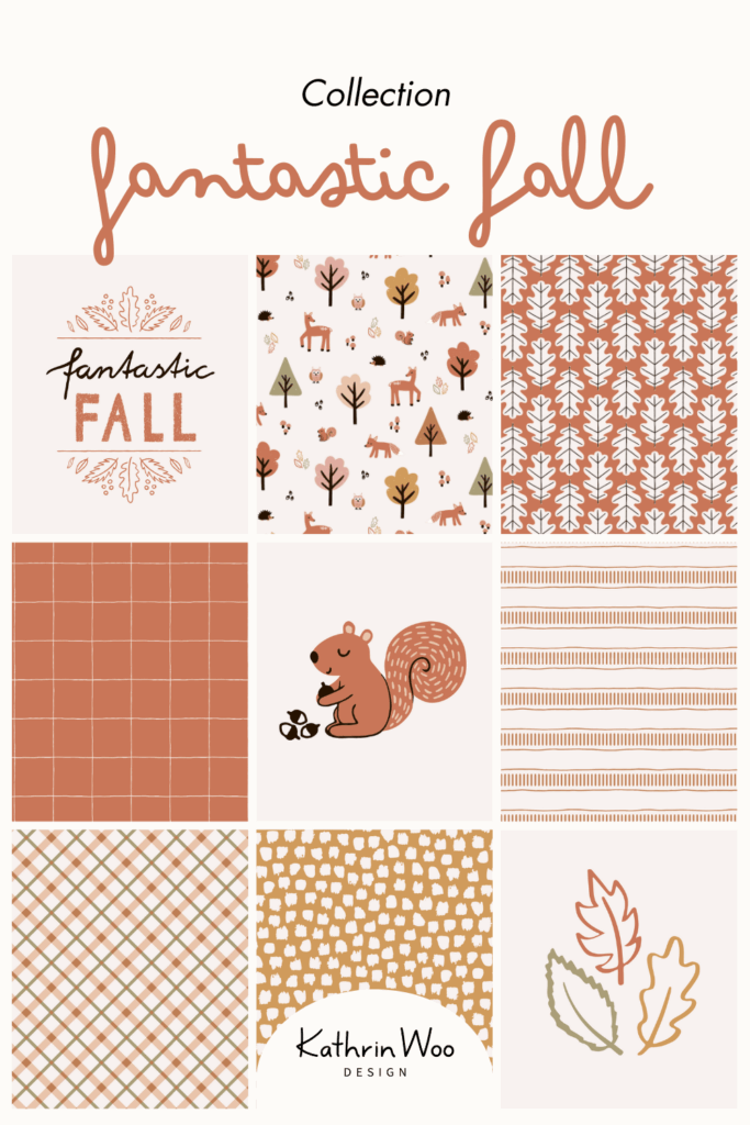 Fall Surface Pattern Design Collection Fantastic Fall by Kathrin Woo showcased on a collage Pinterest pin