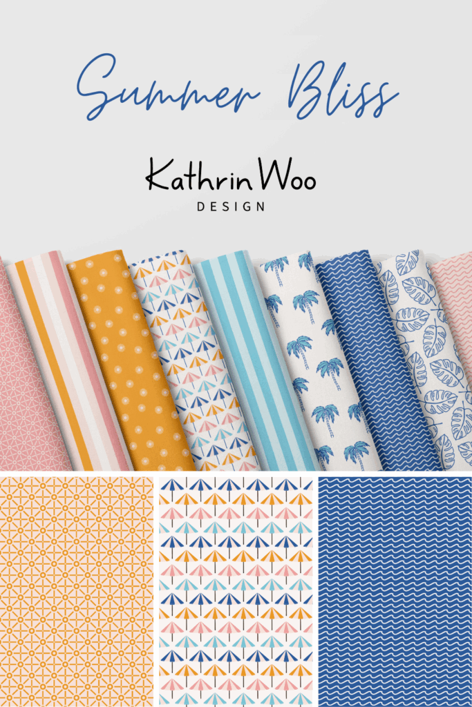 Summer Collection Summer Bliss by Kathrin Woo showcased on a fabric mockup Pinterest pin