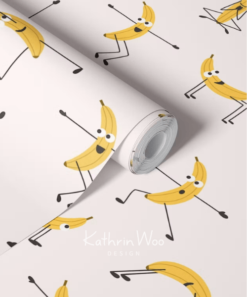 Whimsy and fun wall decor design Banana Yoga by Kathrin Woo on a wallpaper roll, showcasing cute modern banana characters doing Yoga poses.