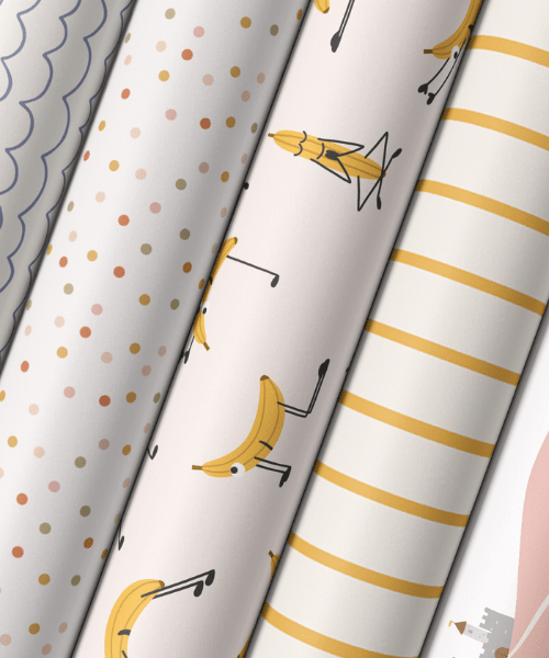 Five cute wallpaper ideas for kids’ rooms, including patterns Banana Yoga, vertical stripes, confetti dots, organic waves, and a dreamy castle wall mural
