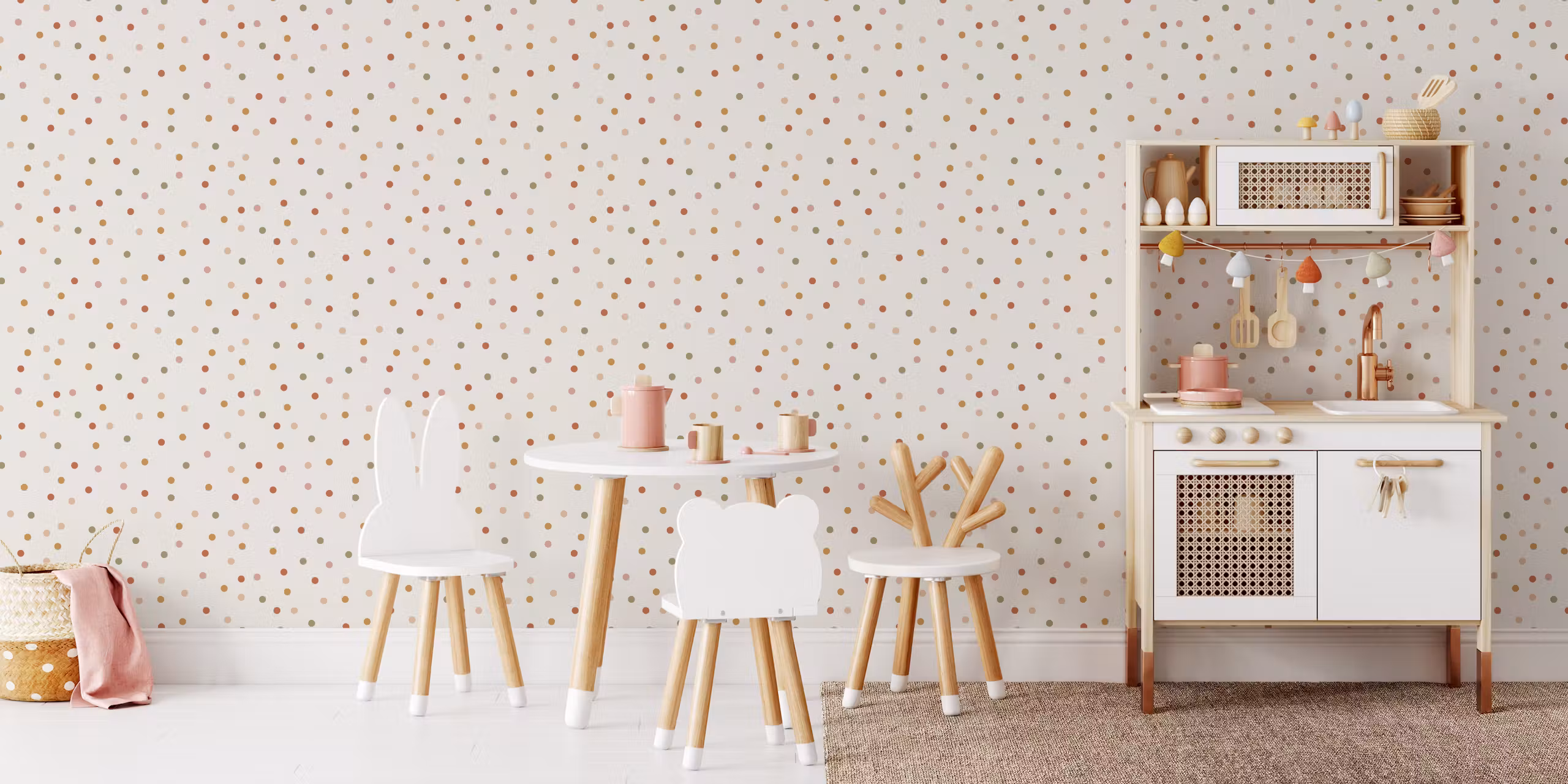Dotted confetti wallpaper in a playful boho playroom