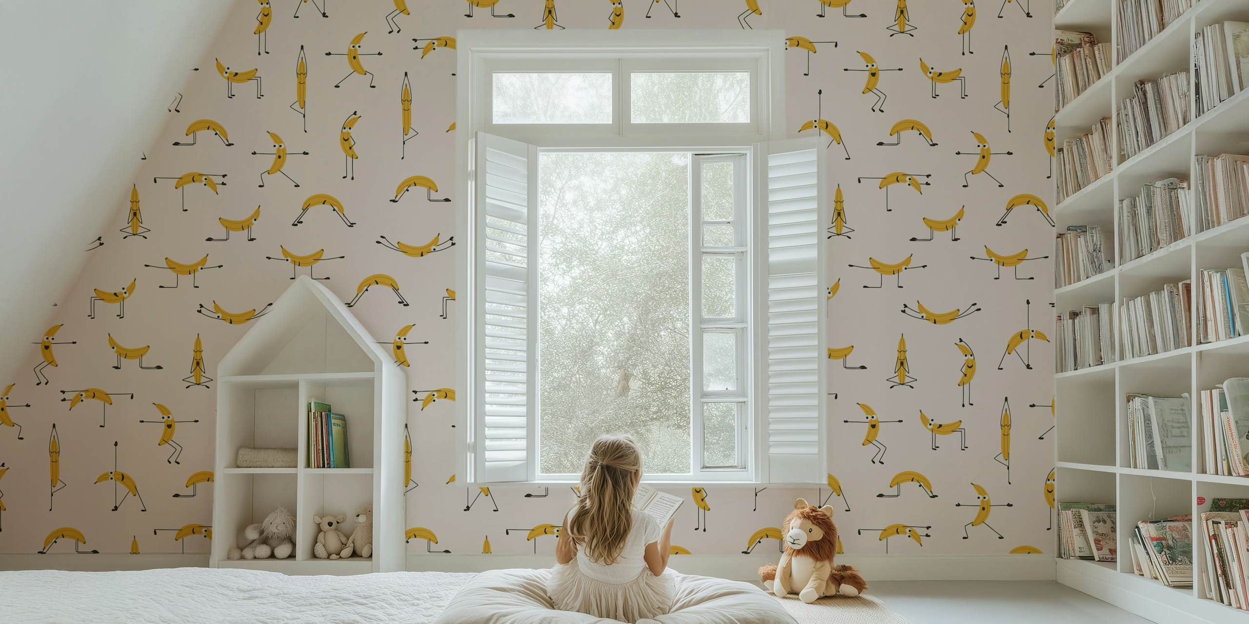 Fun Banana yoga wallpaper with yellow bananas in a kids room