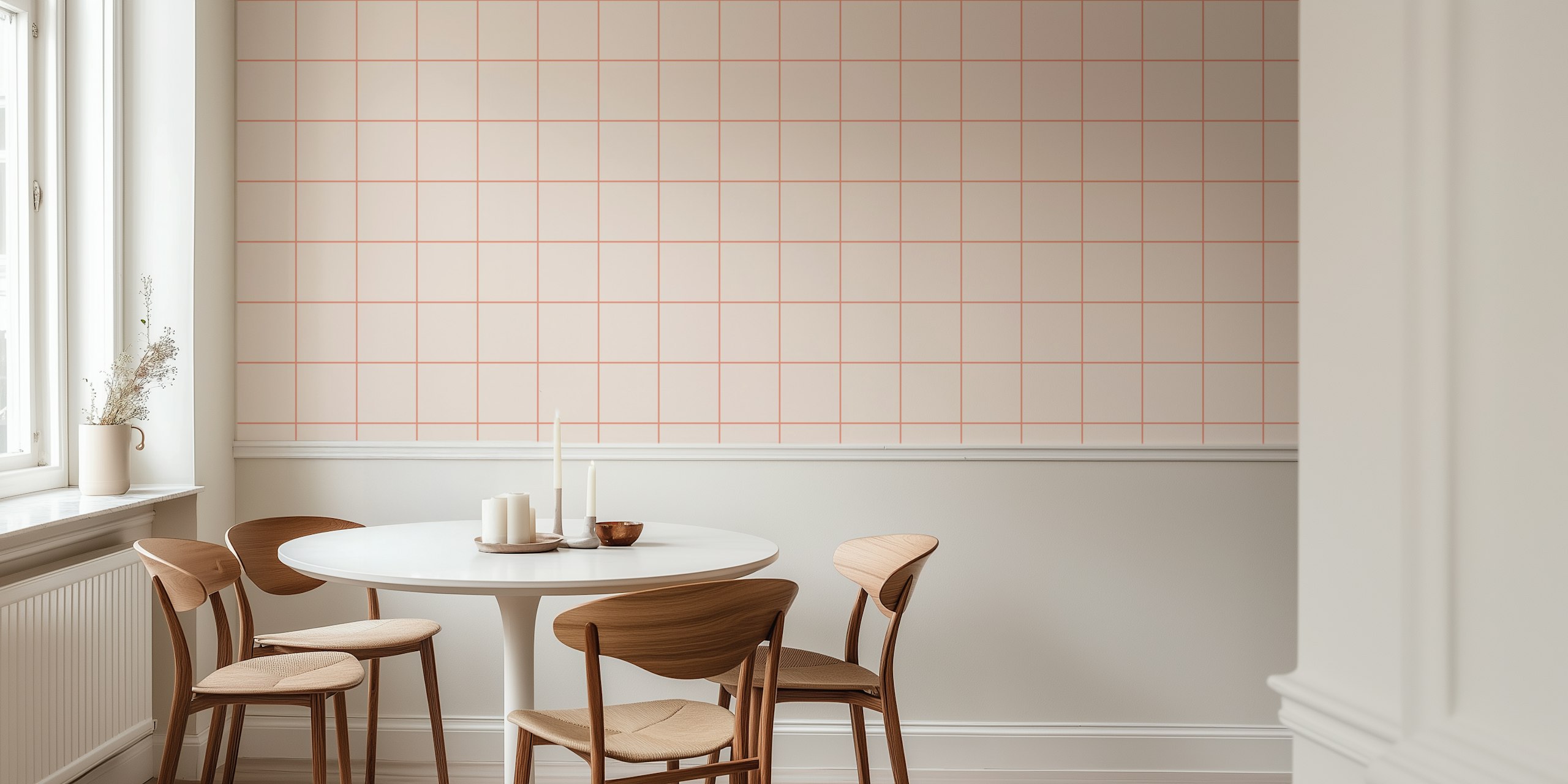 Soft pink and coral faux-tile wallpaper in a modern kitchen