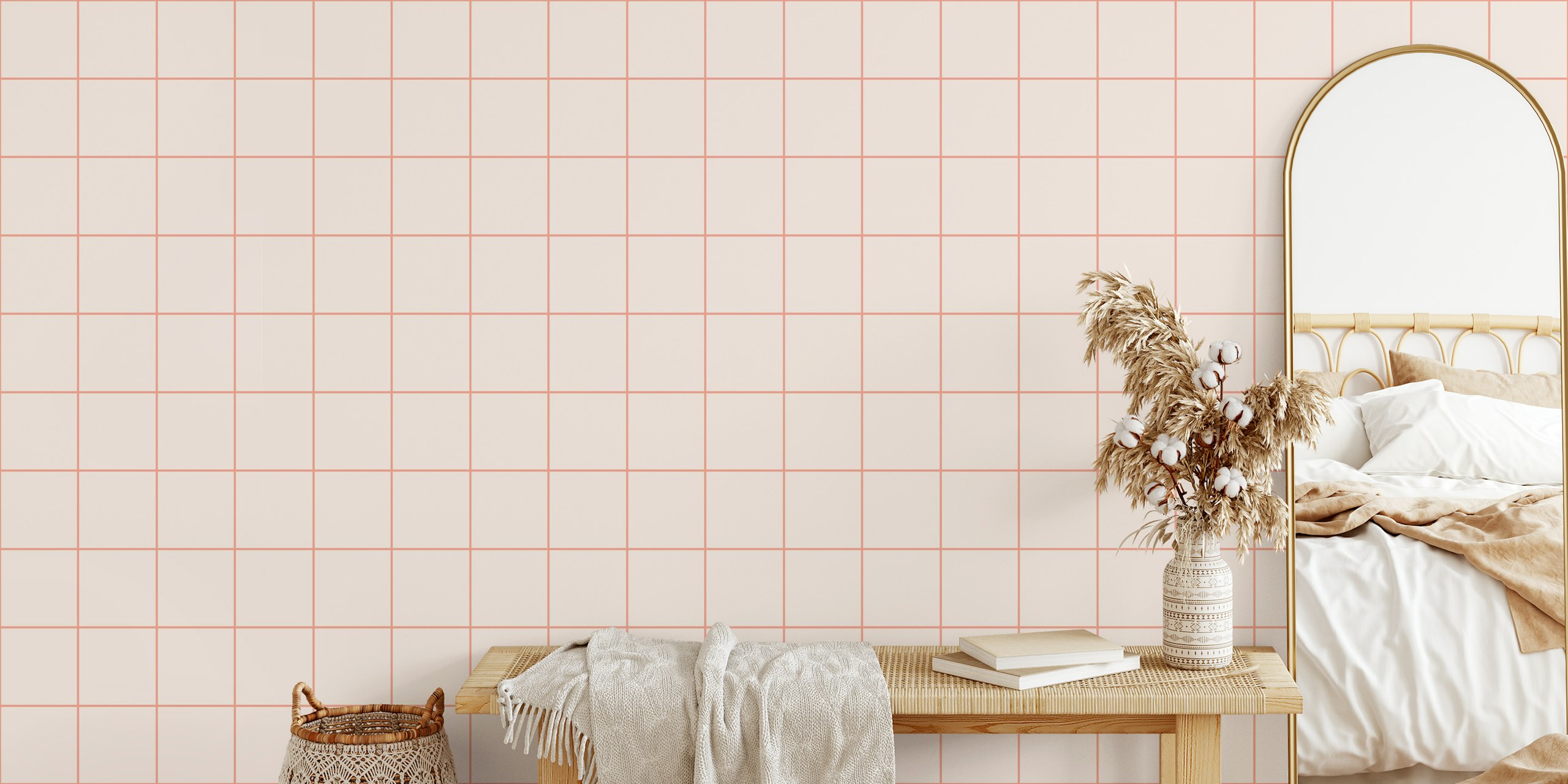 Soft pink and coral faux-tile grid wallpaper in a modern bedroom