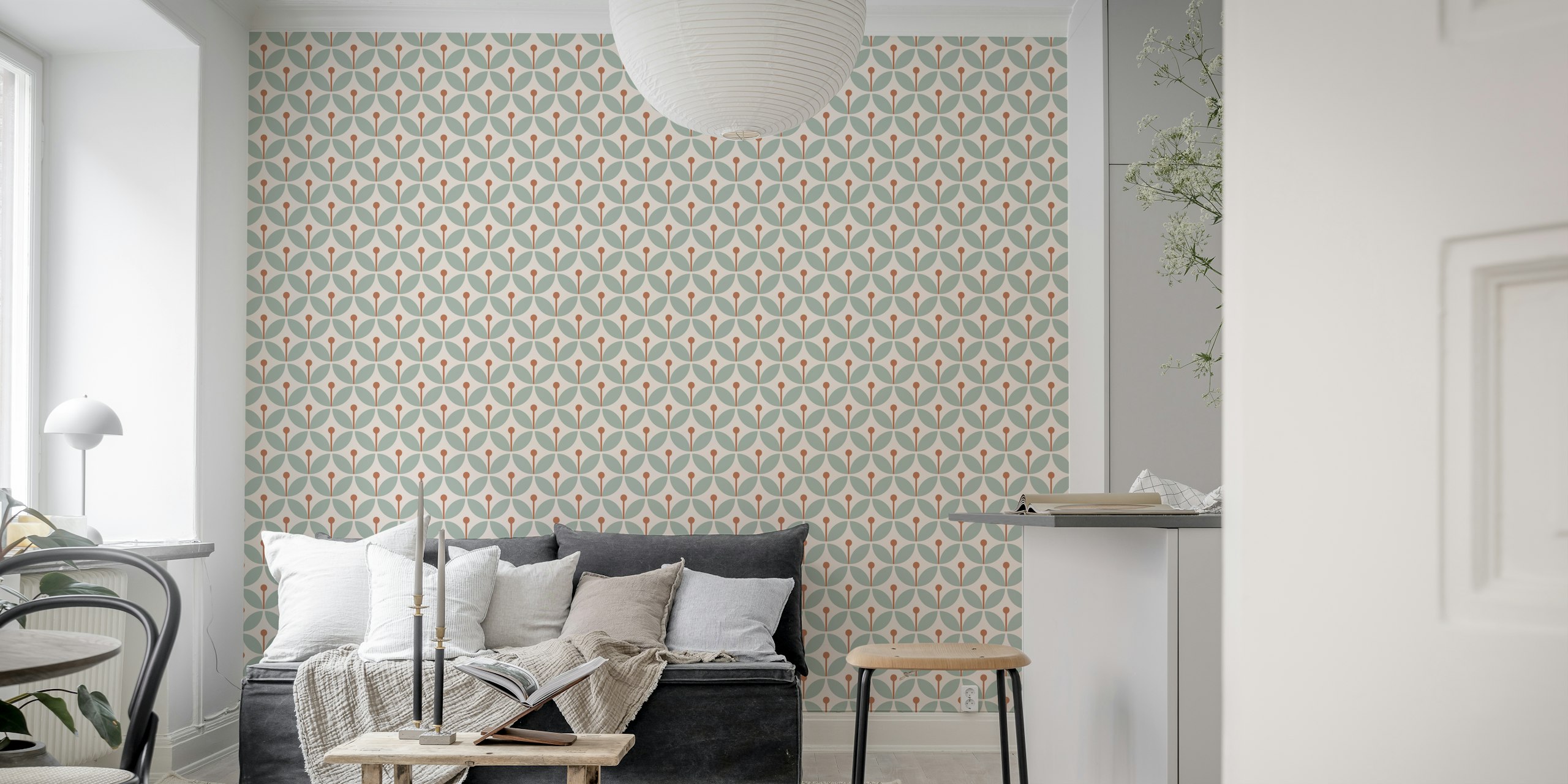 Graphic Scandi Wallpaper in a modern boho living room