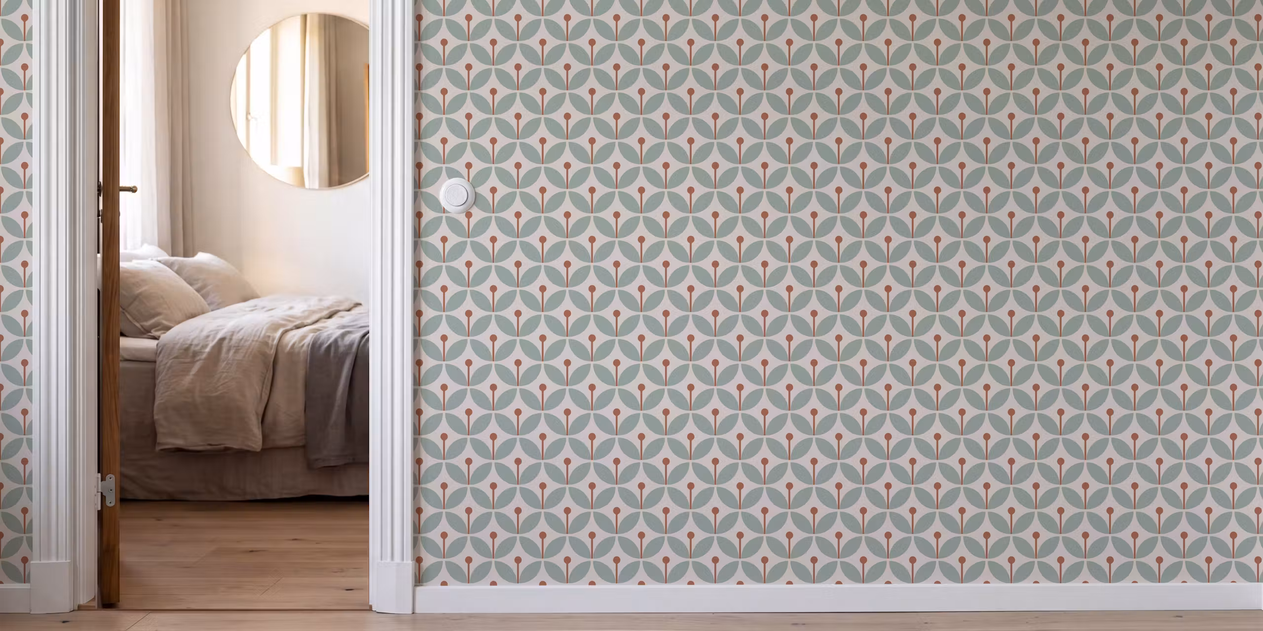 Graphic Scandi Wallpaper in a boho-inspired hallway