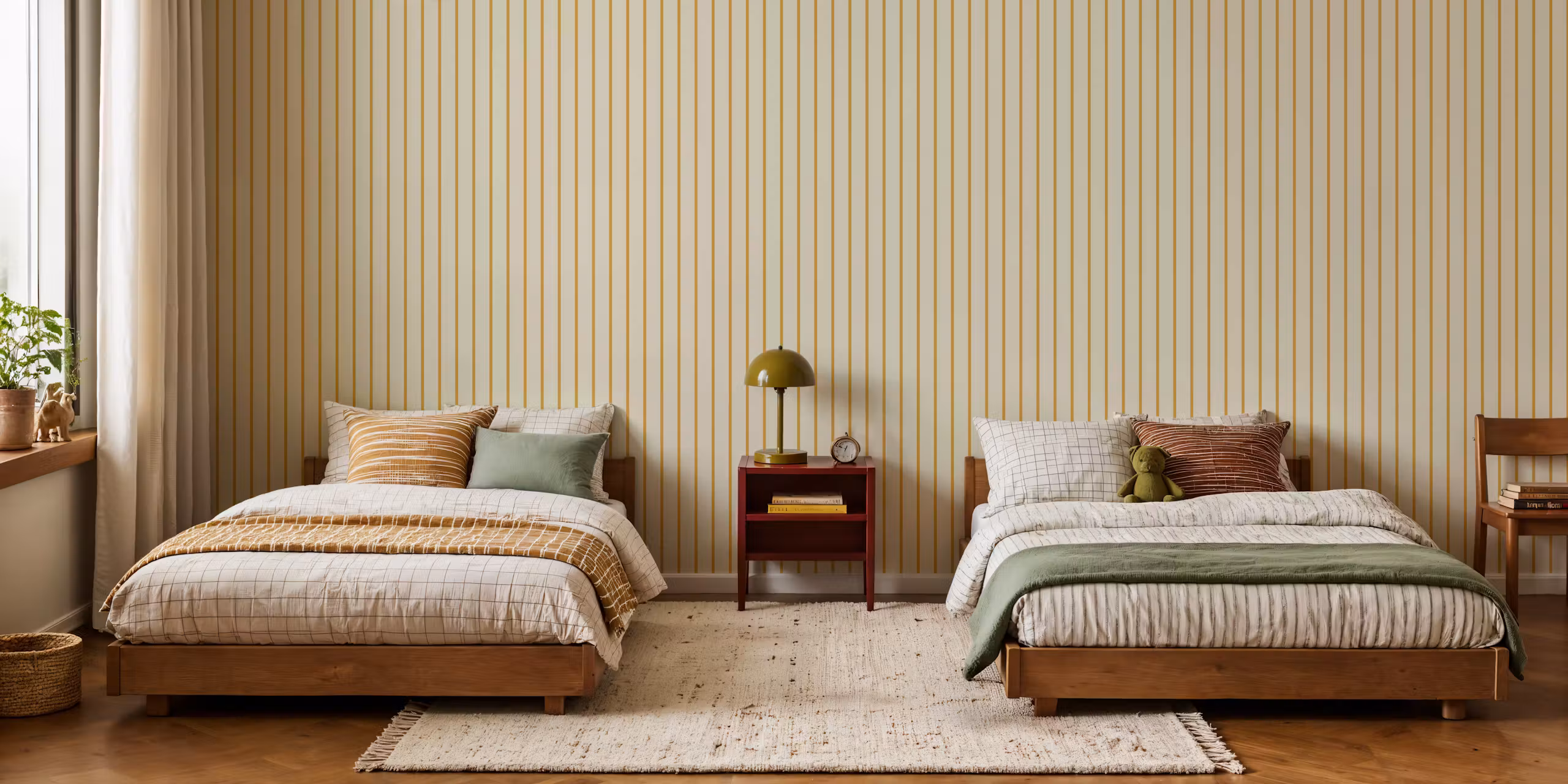 Beige and yellow vertical stripe wallpaper in a Scandinavian kids room