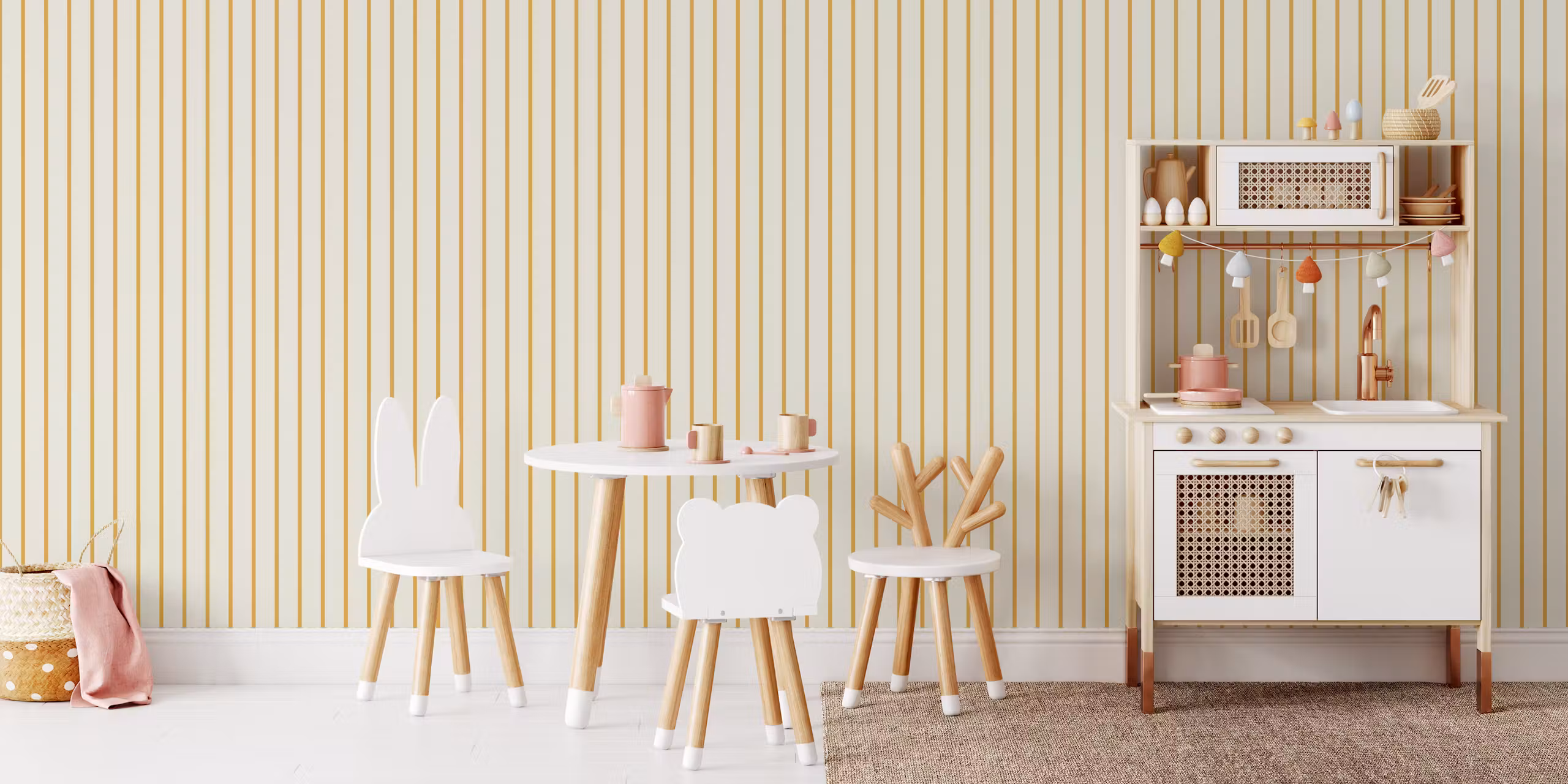 Beige and yellow striped wallpaper in a Scandinavian playroom