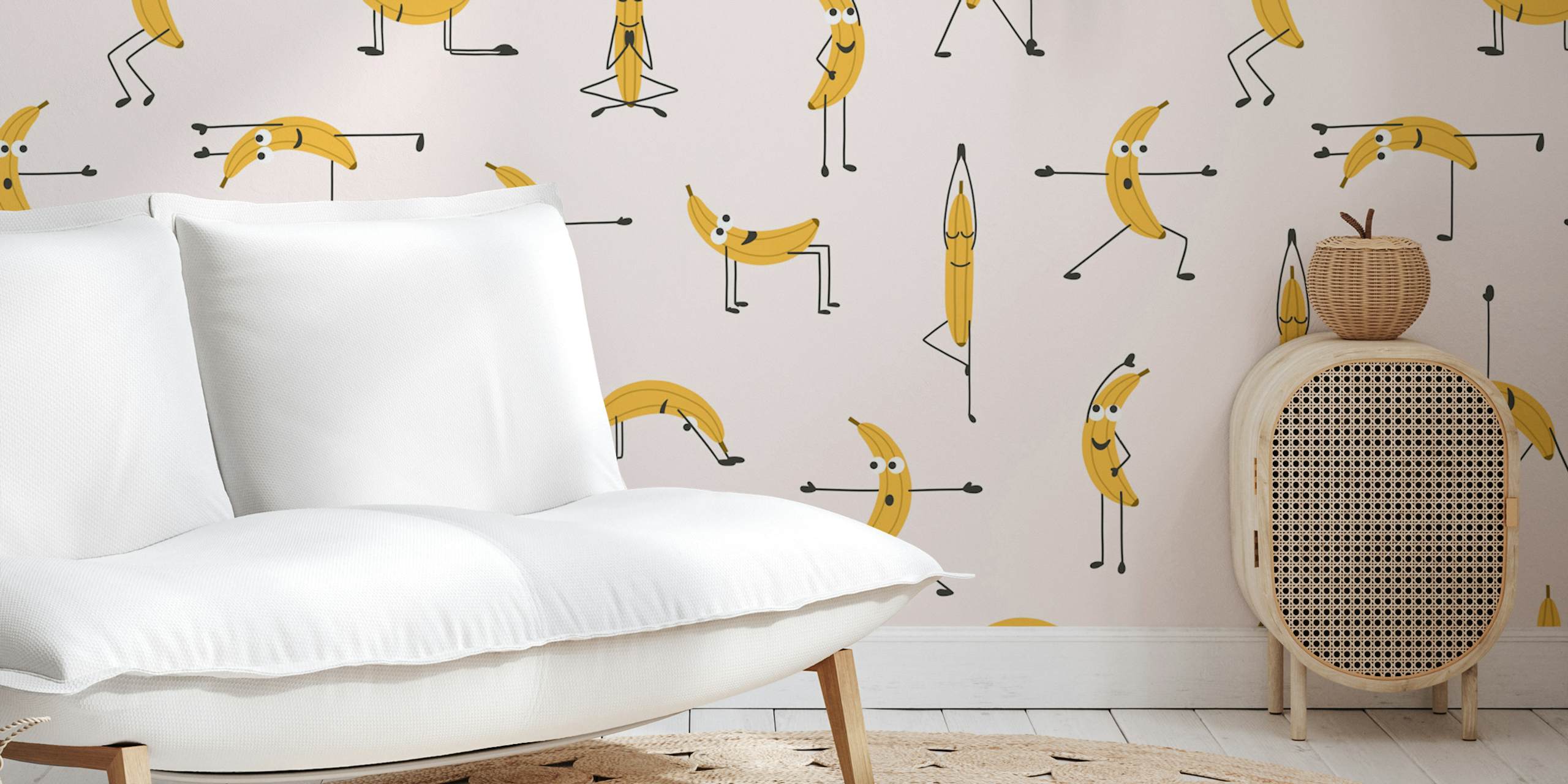 Cute Banana yoga wallpaper with playful bananas in a nursery