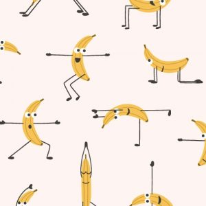 Playful pattern design of a banana character doing different yoga poses